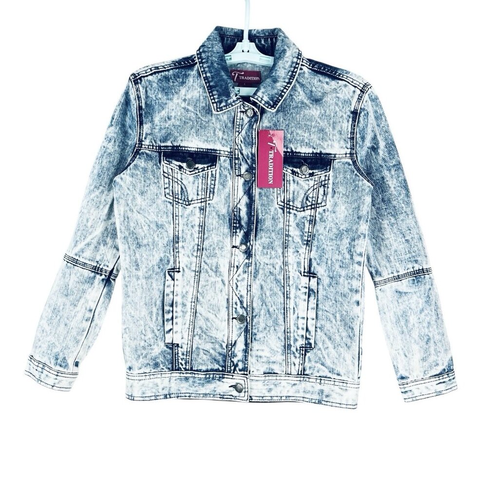NWT TRADITION Women's Blue Acid Wash Midi Denim Jacket Size L (SEE MEASUREMENTS)